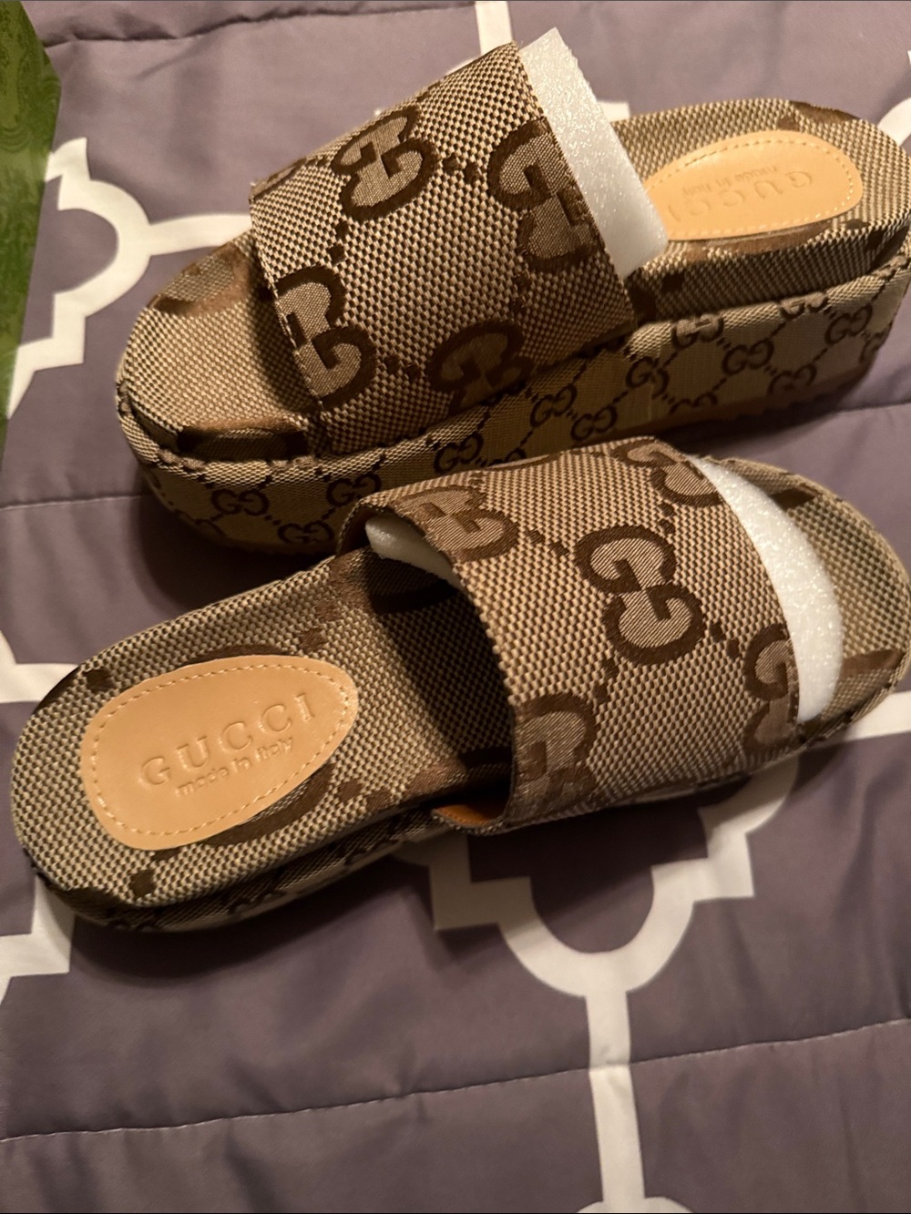 Gucci Beige/Brown Monogram Platform Sandals - Picture 5 of 6
